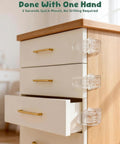 Six Pack Clear Baby Drawer Locks Zero Sweat Install on dresser with smooth push button design and golden handles.