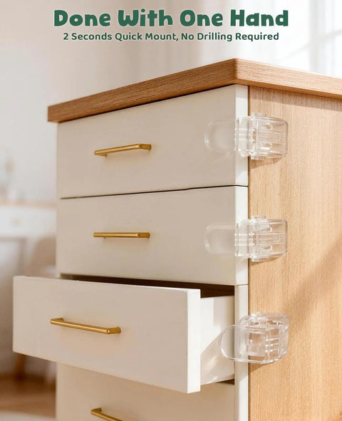 Six Pack Clear Baby Drawer Locks Zero Sweat Install on dresser with smooth push button design and golden handles.