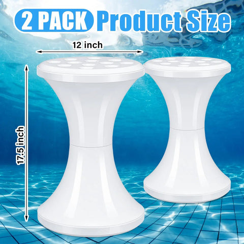 Two white Underwater Pool Bar Stools 2 Pack Seventeen Point Five Inch Submersible Pool Chairs for outdoor and indoor use.