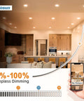 VOLISUN 8 Pack 3 inch Recessed Lighting, 5CCT, Dimmable installed in a modern kitchen showcasing stepless dimming feature.