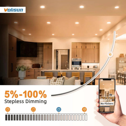 VOLISUN 8 Pack 3 inch Recessed Lighting, 5CCT, Dimmable installed in a modern kitchen showcasing stepless dimming feature.