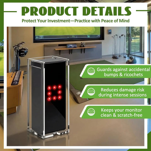 Square Golf Launch Monitor Protective Shield Case in clear acrylic shown indoors, protecting against ball strikes and bumps.