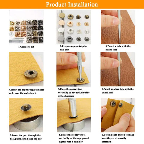 400 Piece Leather Fasteners Kit With Rivets, Eyelets, Grommets, Snaps and Binding Screws installation process with tools and materials