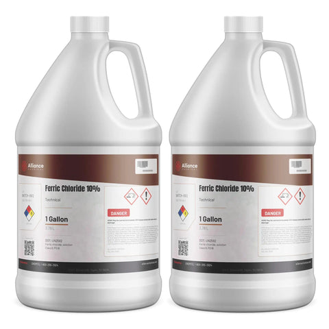 Two 1-gallon jugs of Ferric Chloride Ten Percent Solution For PCB Etching, Water Treatment, And Wastewater Coagulation FeCl3 Two Gallon Pack