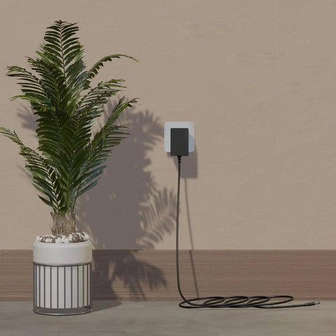 12V 2A Power Supply AC Adapter With 10 Tips, ETL Certified, plugged into wall beside potted plant, 6ft cord visible