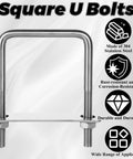 Eight Pack Square U Bolts With Washers And Nuts Two And A Half Inch Inner Width Hundred Millimeter Length 304 Stainless Steel Replacement Parts For Cars Trailers Ski Boats And Sailboats, showing features and durability.