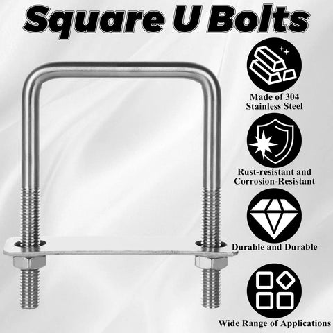 Eight Pack Square U Bolts With Washers And Nuts Two And A Half Inch Inner Width Hundred Millimeter Length 304 Stainless Steel Replacement Parts For Cars Trailers Ski Boats And Sailboats, showing features and durability.