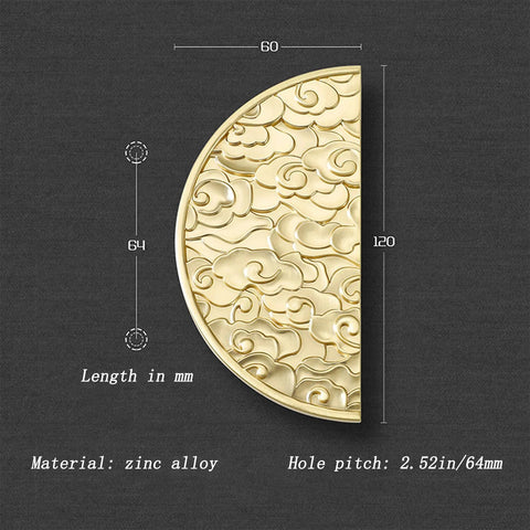 Two Pack Half Moon Cabinet Pulls Chinese Style Handle Antique Zinc Alloy Gold Finish Durable Cabinet Hardware With Smooth Burr Free Edges Long Lasting Use Ideal For Kitchen And Bathroom Cabinets Easy To Install Premium Zinc Alloy Construction, 64mm hole pitch, gold finish, decorative pattern