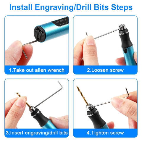 Step-by-step installation of drill bits in 3 Speed Cordless Mini Drill Pen USB Rechargeable DIY Electric Hand Drill Kit