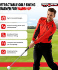 Man using Tempo Stick Golf For Right Hand Retractable Swing Trainer With Arm Band; features and benefits listed on the side.