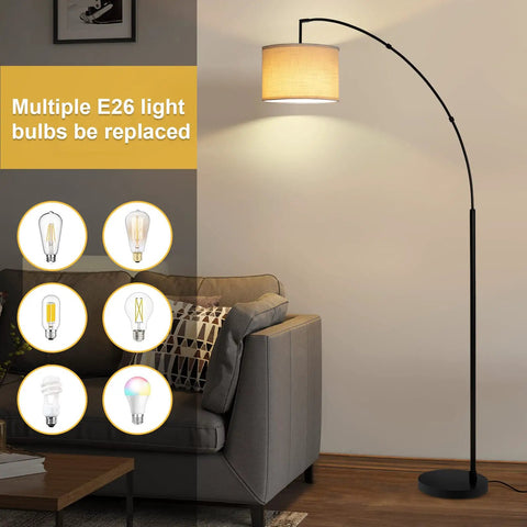 Arc Floor Lamp With Remote Control, 81 Inch Tall Dimmable LED Standing Light beside sofa, highlighting E26 bulbs