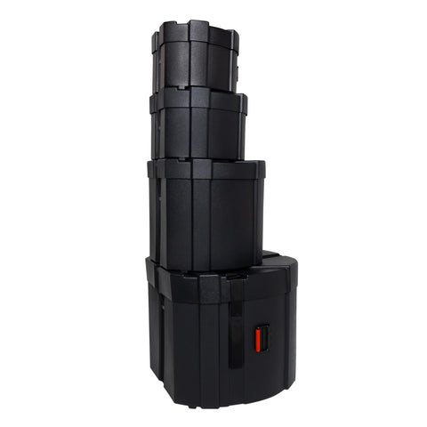 Four Piece Rock Style Drum Case Set Built Like A Tank With Durable Roto Molded Body and Heavy Duty Cinch Straps stacked vertically.