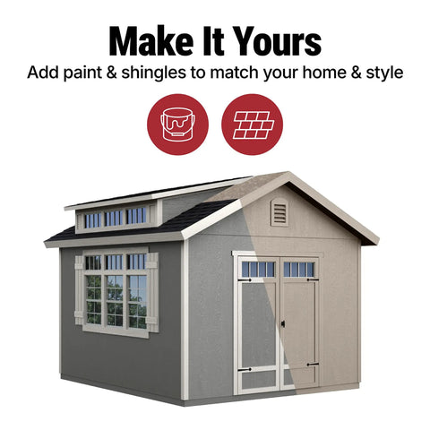 DIY 10x12 Wooden Storage Shed With Floor In Beige Featuring Prehung 56 Inch Double Doors With Transom Windows