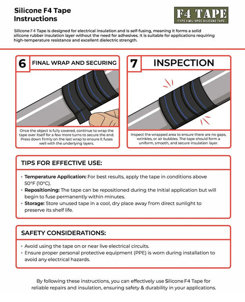 Instructional guide for applying Emergency DIY Self-Fusing Silicone Tape For Quick Pipe And Radiator Hose Repairs Waterproof Electrical Insulation And Permanent Bonding 1 Inch By 36 Feet By 20 Mil Black.
