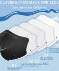 Diagram showing 5 layers of Kids KN95 Face Masks 5 Ply Pack 50 Count For Children With Elastic Ear Loops and Soft Sponge Nose Bridge.
