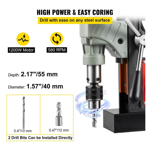 Beefy 1200W Magnetic Drill Press With 40mm Capacity and 13000N Hold, Stepless 100 to 580 RPM, showing drill specs and bit options.