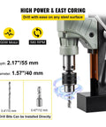 Heavy Duty 1200W Magnetic Drill Press With 40mm Boring Capacity, 13000N Magnetic Pull, Stepless 100-580 RPM, 2.17 Inch Depth, 1.57 Inch Cut, Electric Mag Drill for Steel Construction and Tapping Projects close-up of drill bit and specifications.