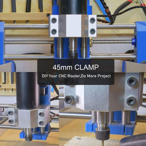 Heavy Duty Aluminum CNC Router Spindle Clamp With 65 Millimeter Exact Fit Motor Shaft Mount Bracket For High Speed Stable Machining, close-up view.
