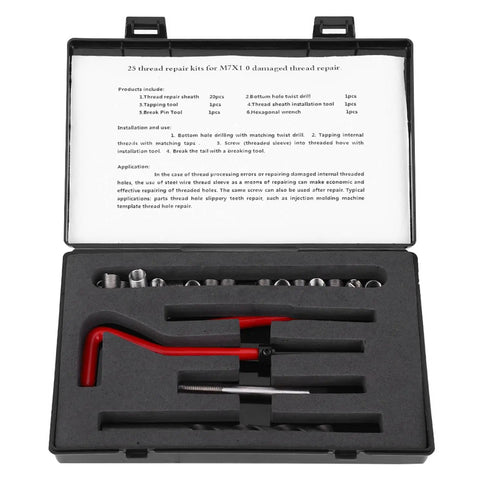 M7x1 Thread Repair Kit 25Pcs Stainless Steel Threaded Inserts With Twisted Drill Wrench open in black case