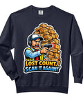 Warehouse Worker Sweatshirt With Scan It Again Humor Graphic For Logistics Pros featuring scanning worker cartoon and packed boxes.