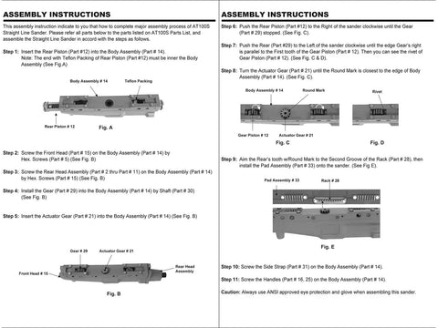 Assembly instructions for Inline And Straight Line Air Sander With Dual Piston Power showing body assembly and parts layout.