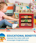Totally Kid Approved Seven Sided Wooden Activity Cube Featuring Interactive Bead Maze Shape Sorter And Mini Railroad Track, toddler playing.