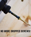 Close-up of drill with screw from Interior Wood Screws Assortment Kit With Seven Sizes, Stick Tight Technology, Zinc Plated Carbon Steel.