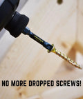 Legit Heavy Duty 2 Inch Wood Screws DIY Pack With 75 Number 8 Carbon Steel Fasteners Yellow Zinc Plated Anti Split Shanks and Countersunk Heads For Killer Woodworking Builds That Gonna Fly, attached to a drill.