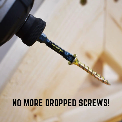 Legit Heavy Duty 2 Inch Wood Screws DIY Pack With 75 Number 8 Carbon Steel Fasteners Yellow Zinc Plated Anti Split Shanks and Countersunk Heads For Killer Woodworking Builds That Gonna Fly, attached to a drill.