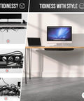 Comparison of tidy and messy desk setups with under desk cable management net for a clean hidden cord setup and organized workspace.