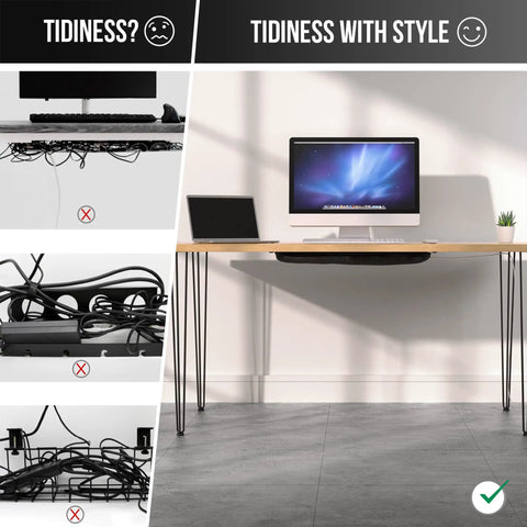 Comparison of tidy and messy desk setups with under desk cable management net for a clean hidden cord setup and organized workspace.