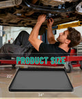 Under Car Oil Drip Mat, Silicone Spill Tray for Garage Floor, 34x22 Inch, shown under lifted vehicle in a garage