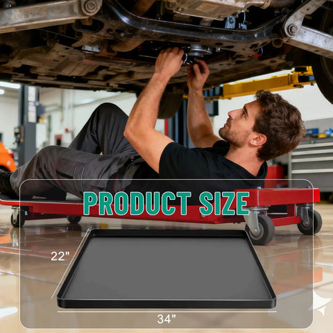 Mechanic working under car with Heavy Duty Silicone Oil Drip Mat For Under Car 27x27 Inch Non Slip Oil Spill Tray beside him