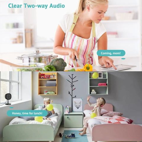 2K Indoor Home Security Camera With Crystal Clear Night Vision demonstrating two-way talk feature with mother and children.