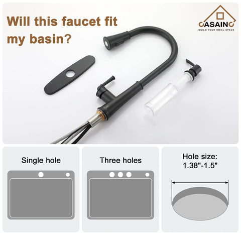 Matte Black No Touch Kitchen Faucet With Pull Down Sprayer And LED Indicator, 360 Degree Swivel Spout, installation options shown.
