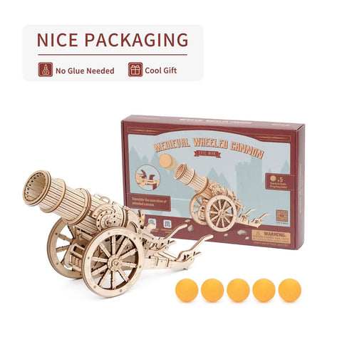 3D Wooden Cannon Catapult Puzzle Kit For Adults And Kids STEM Building Toy DIY Model Kit For Family Fun Colorable Wooden Craft Educational Wood Puzzle Interactive Desktop Game, boxed with wooden cannon model and shells