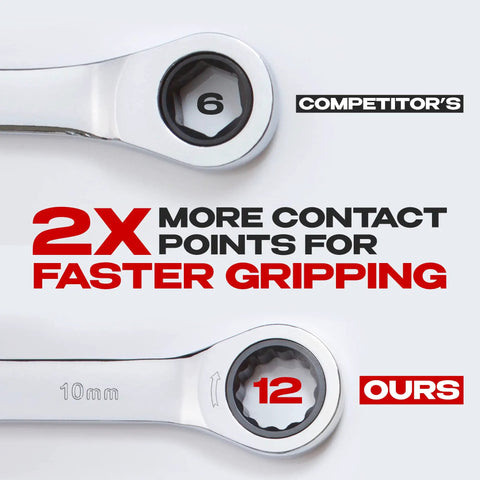 Close-up comparing ratcheting wrenches with 6-point vs 12-point design, part of 24 Piece Inch And Metric Ratcheting Wrench Set With Quick Access Organizer All In One Master Kit For SAE And Metric Sizes From 1/4 To 7/8 Inch And 8mm To 19mm Grab And Go Durable Chrome Finish Great For Pros And DIY Projects.