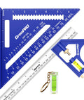 Pro Level Combination Square Set Featuring Heavy Duty Aluminum Zinc Construction With Dual Scale Layout Ruler For Badass Woodworking Shops And Precise Machining Layouts Daily, showing blue square, level, and ruler.