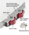 Heavy Duty Double Wheel Sliding Door Rollers With Included Mounting Hardware Eight Piece Push Pull Window Kit showing stainless steel roller and screws.