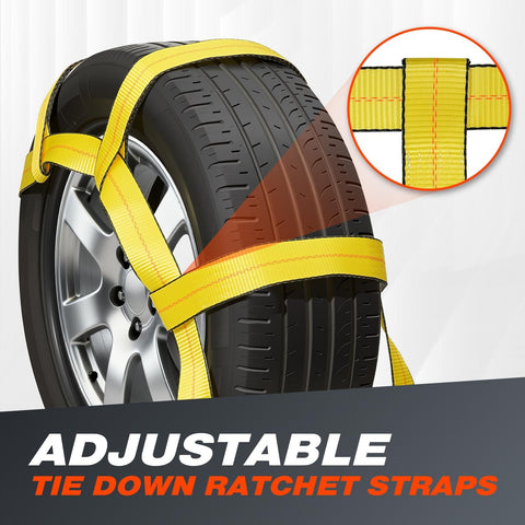 Basket Style Dolly Straps, 2 Pack for 14 to 19 Inch Wheels, Flat Hook Car Wheel Tie Down Straps in use on tire