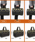 Comparison of 20, 17, and 15 inch wide mouth tool bags with waterproof molded base, durable 1680D Oxford cloth, adjustable strap