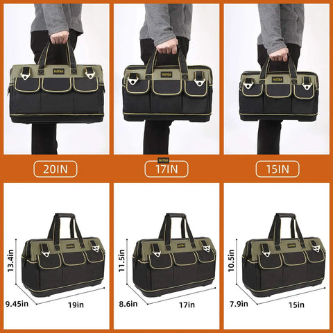 Comparison of 20, 17, and 15 inch wide mouth tool bags with waterproof molded base, durable 1680D Oxford cloth, adjustable strap