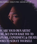 Woman with curly hair partially shadowed against a purple background, text promoting self-expression and creativity.