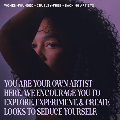 Woman with curly hair partially shadowed against a purple background, text promoting self-expression and creativity.