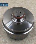 Waterjet pump suction check valve body, metal with brown gasket, front view; Win-Win logo visible