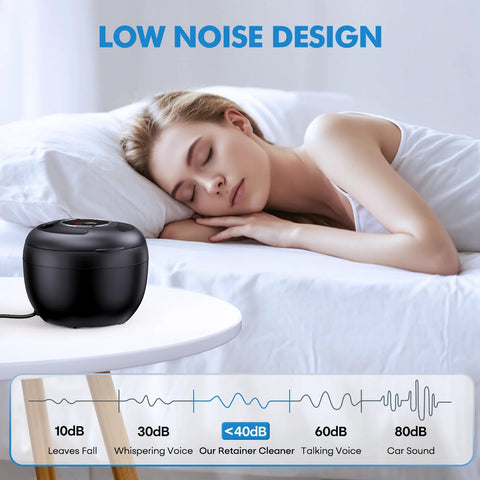 Ultrasonic Retainer Cleaner 45kHz 200ml For Dentures Braces Night Guards Jewelry, black device on table, low noise design