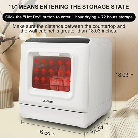 No Sweat Countertop Dishwasher With Built In Water Tank, Compact Tabletop Cleaner showing dual sprayers and dimensions.