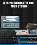 4 Pack Acoustic Foam Panels for Studio Soundproofing in use in a modern home studio setup with computer and sound equipment, 2 inch thick, black wedge tiles.