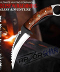 Close-up of handmade hunting knife with stainless steel blade and brown wood handle, designed for outdoor survival tasks.