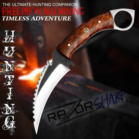 Close-up of handmade hunting knife with stainless steel blade and brown wood handle, designed for outdoor survival tasks.